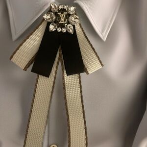 Upscaled Elegant Black and White LV Brooch with Crystal Accents